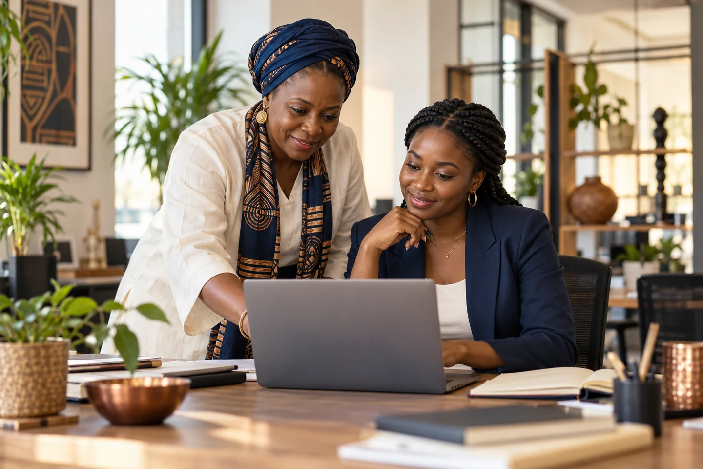 Illustration générée : Une professionnelle expérimentée accompagne une jeune collègue dans son travail.